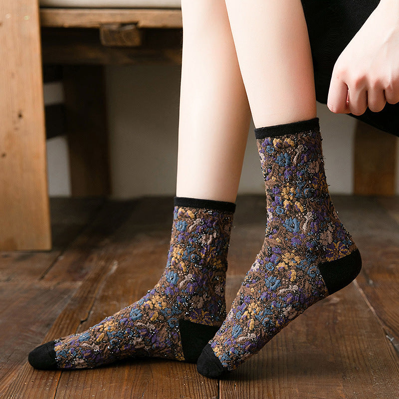 Socken Damen Tube Retro Kleine Blumen Geißblatt Mode Baumwollsocken