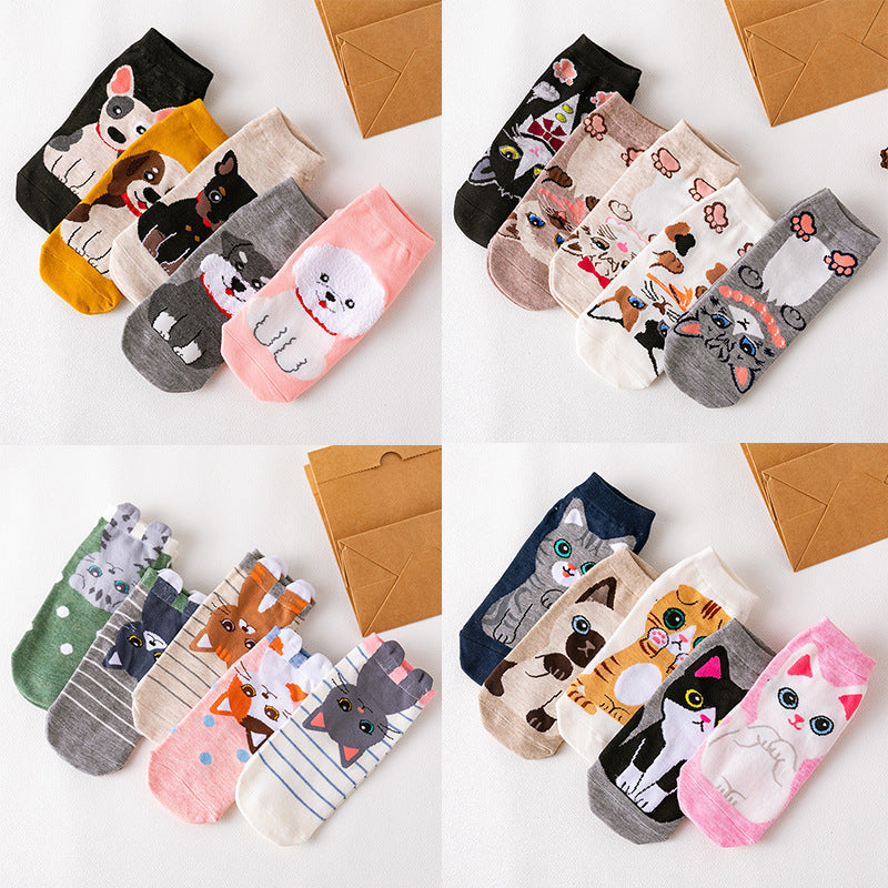 Gerade Knöchelsocken mit Cartoon-Motiv für Damen mit japanischem Hunde- und Katzen-Cartoon-Muster