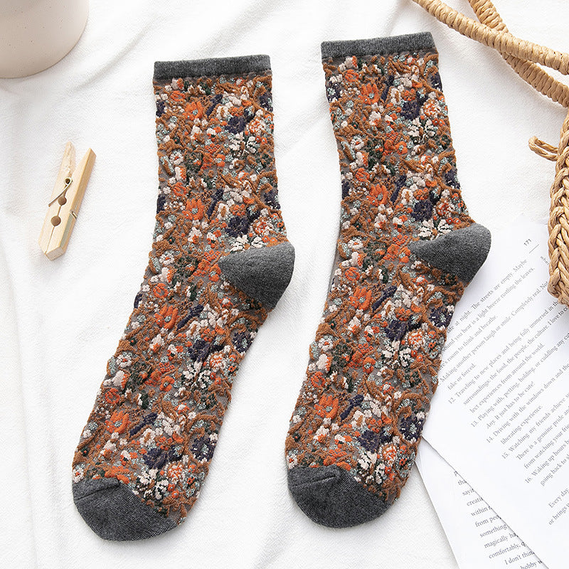 Socks Women's Tube Retro Small Floral Honeysuckle Fashion Cotton Socks