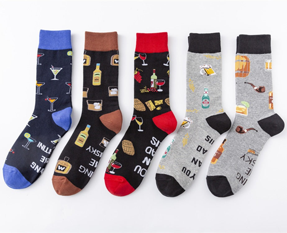 New Colorful Fashion Socks Medium High Cotton Socks Drinks Series Personalized Fashion Men's Socks