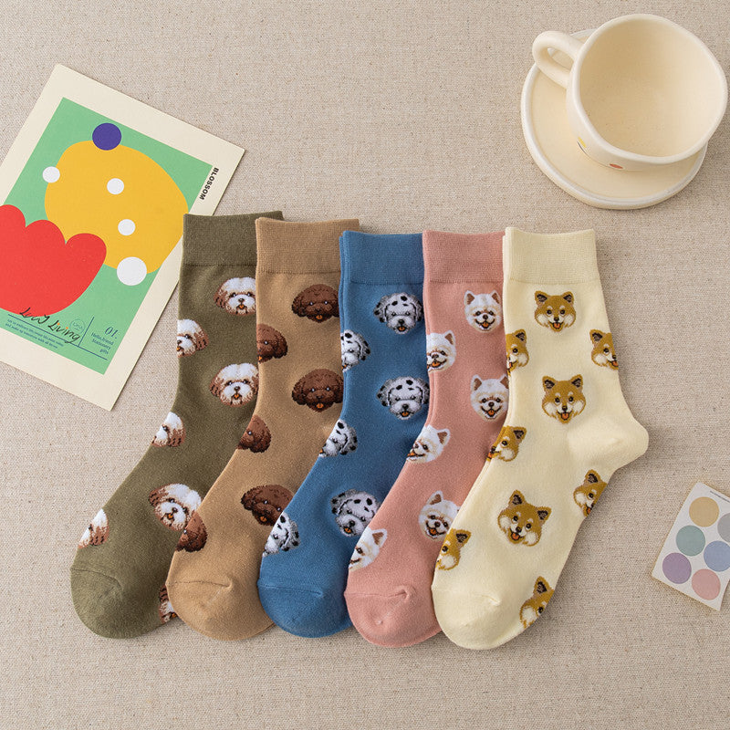 New Cute Cartoon Dog Middle Tube Socks Japanese Ins Creative Female Sokken Shiba Inu Dalmatian Malzis Teddy Pomeranian socks